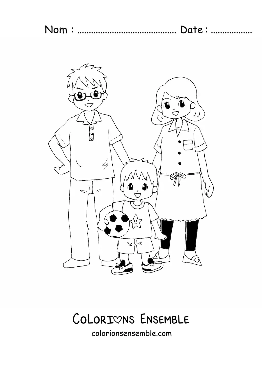 Image à colorier d’un garçon footballeur avec ses parents