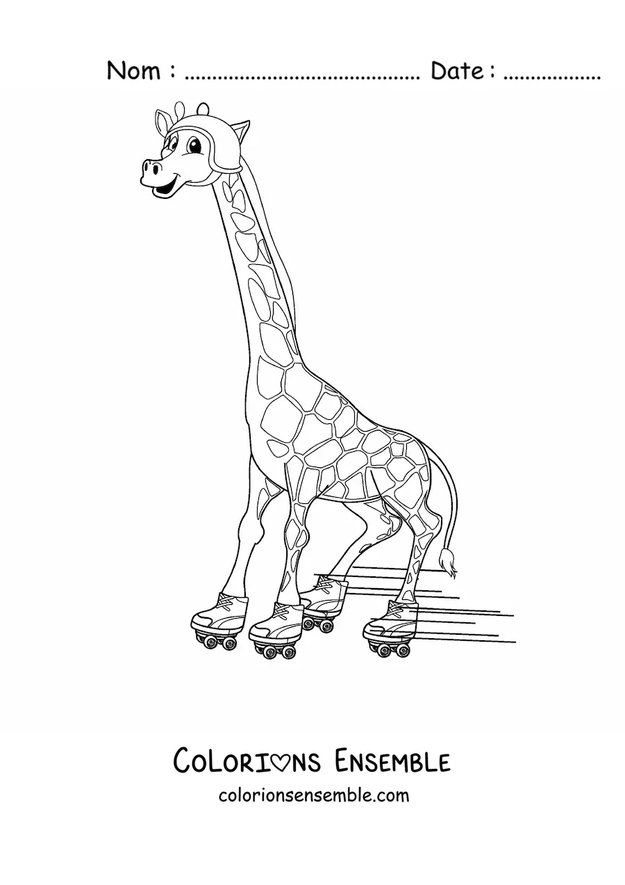 Coloriage d'une girafe de dessin animé qui patine joyeusement
