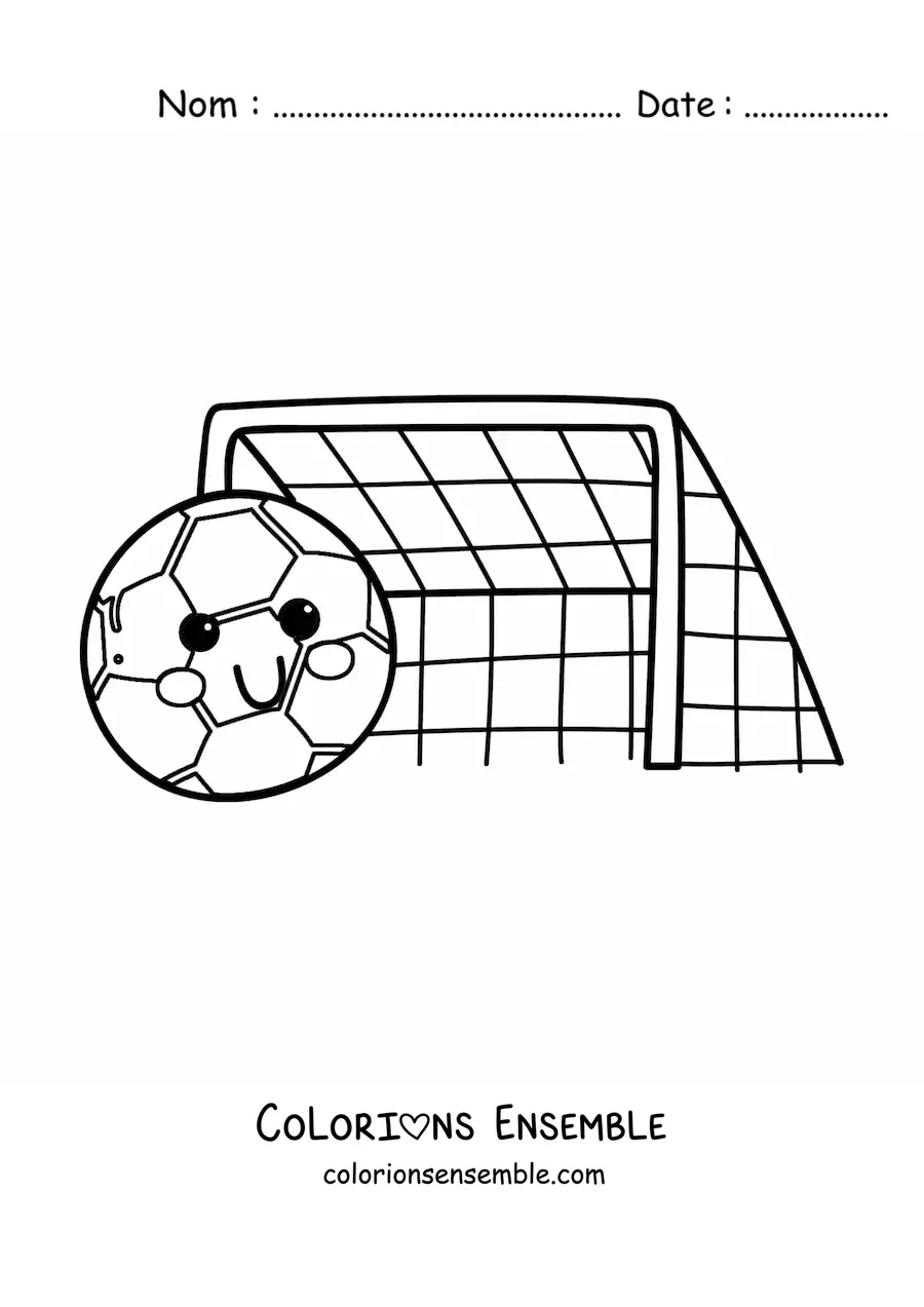 Image à colorier d’un ballon de football kawaii à côté du but