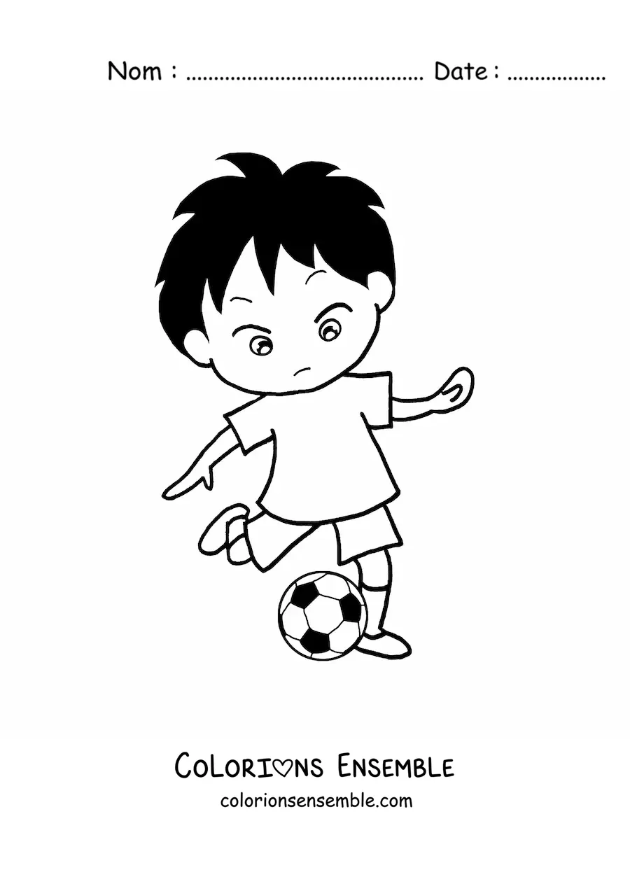 Image à colorier d’un garçon qui tape dans un ballon de football