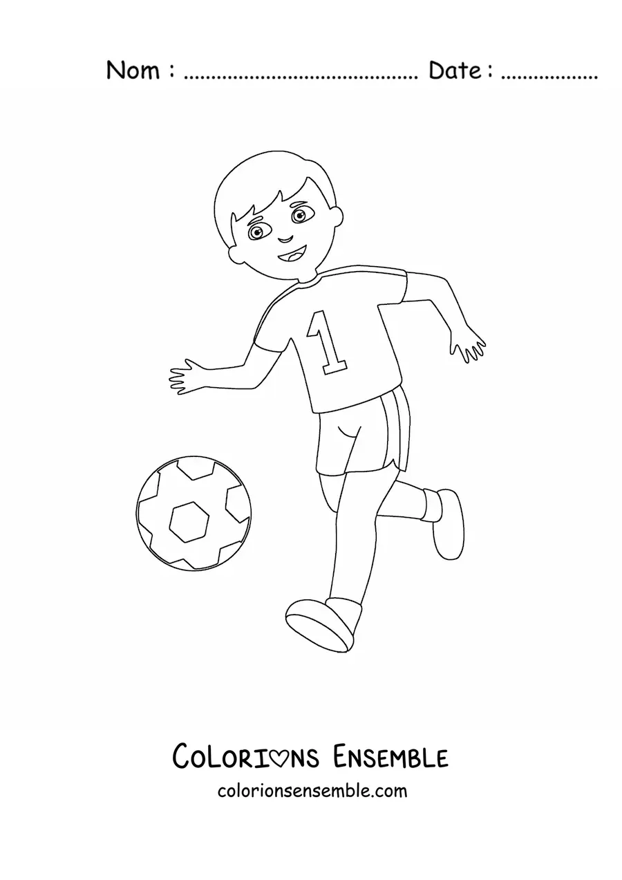 Image à colorier d’un garçon qui court après un ballon de football