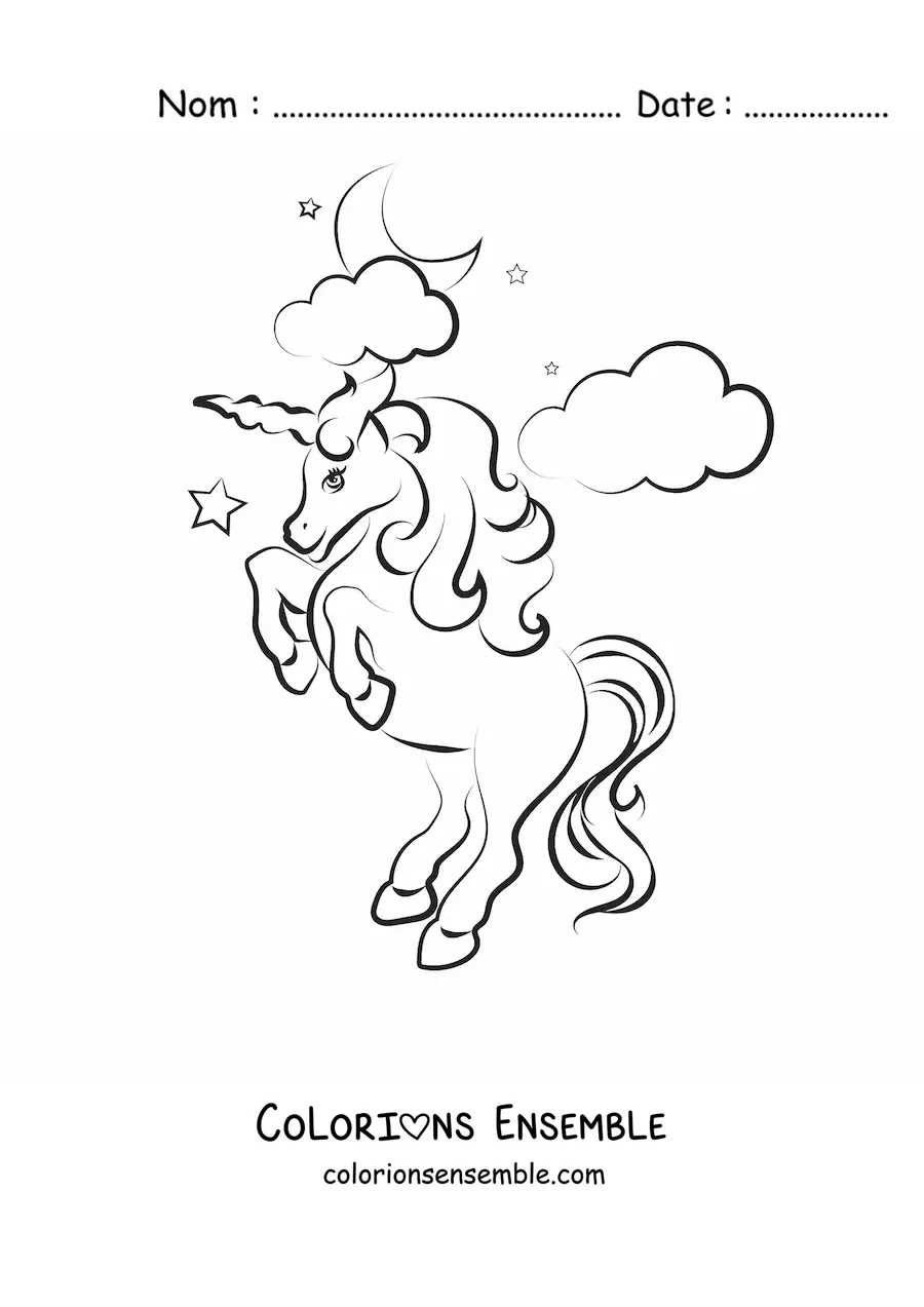 Image à colorier d’une licorne en dessin animé dressée sur deux pattes, avec des étoiles, des nuages et la lune en arrière-plan