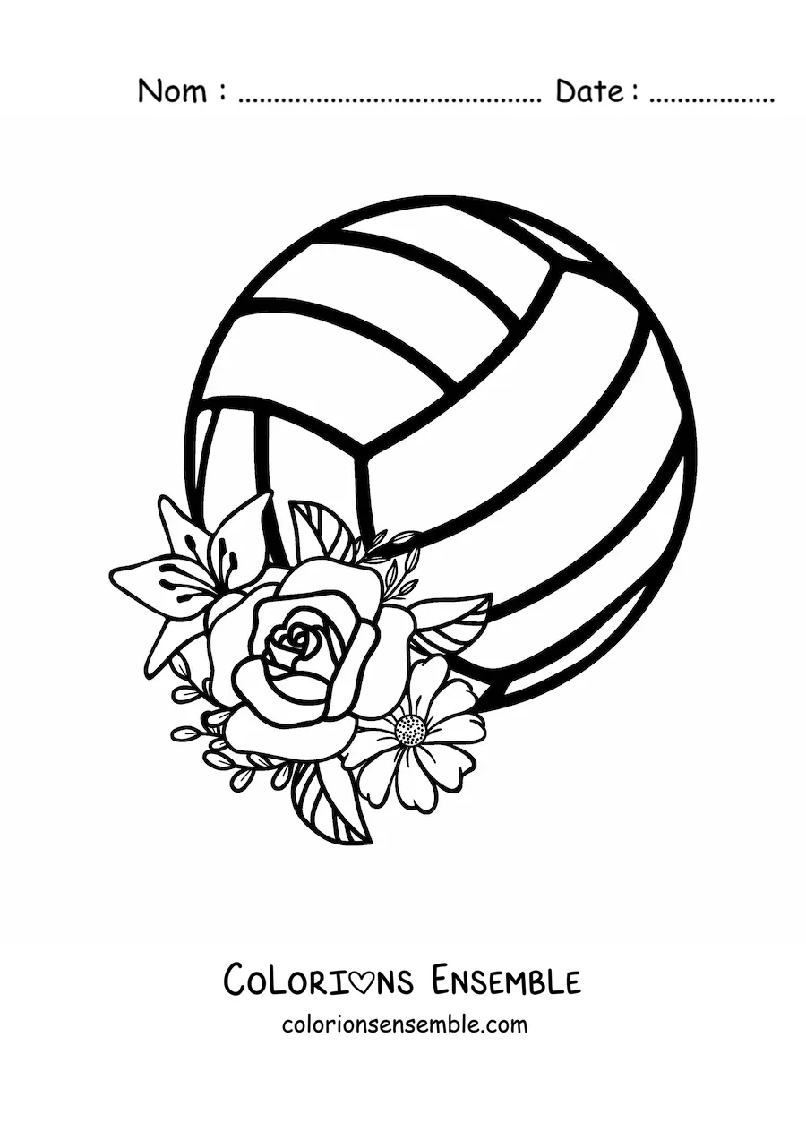 Image à colorier d’un ballon de volley avec des fleurs