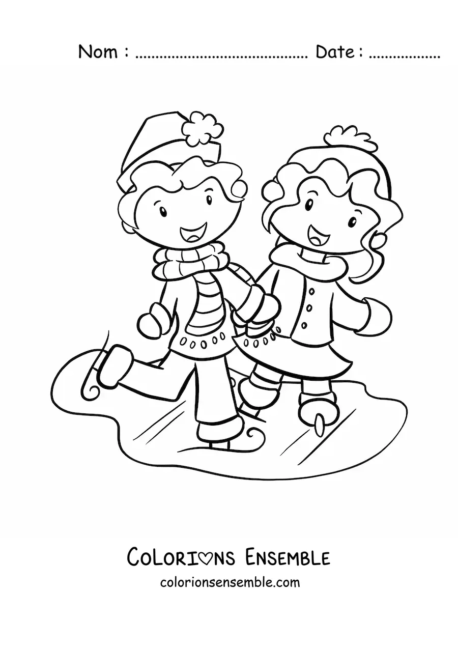 Image à colorier d'un couple patinant sur la glace