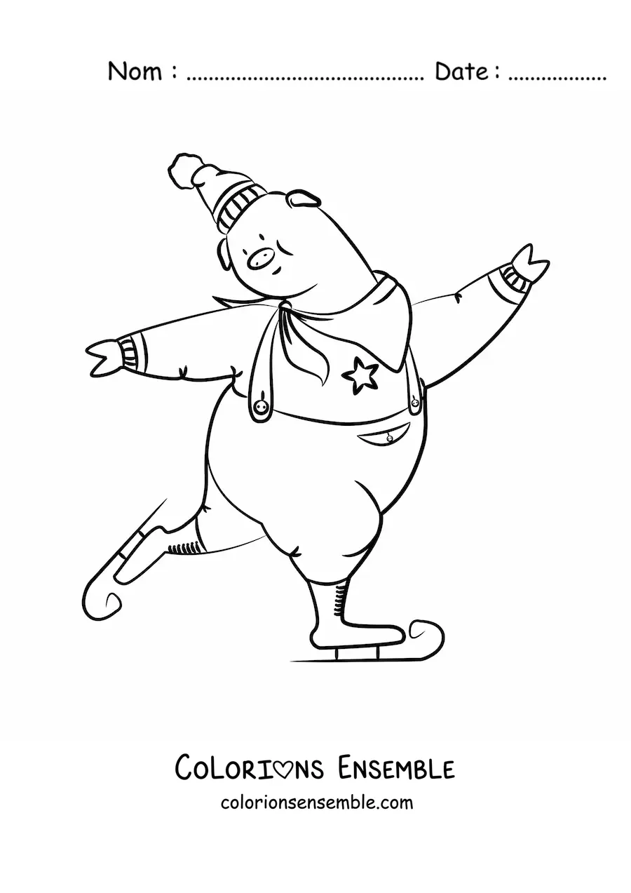 Image à colorier d'un cochon animé patinant sur la glace