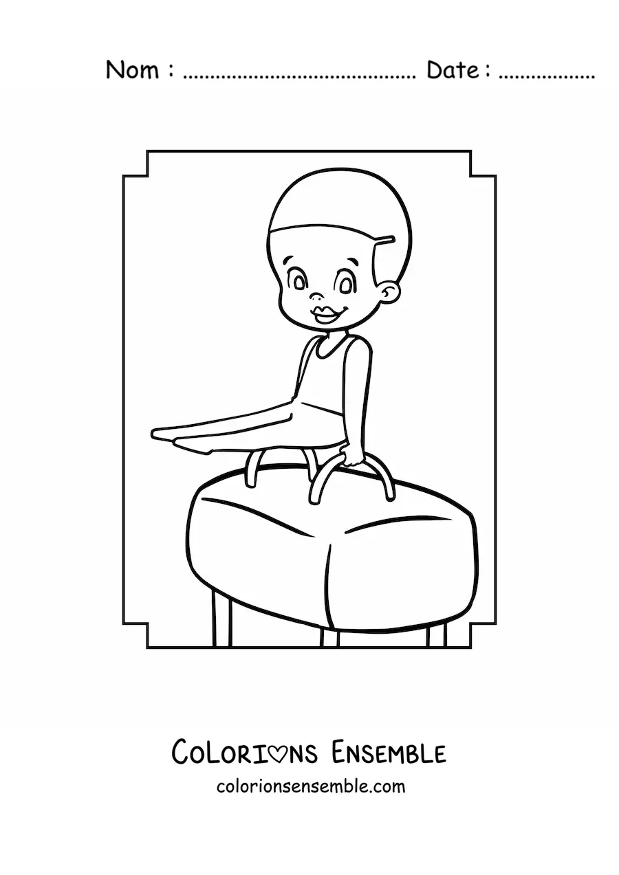 Image à colorier d'une fille gymnaste kawaii sur le cheval de saut