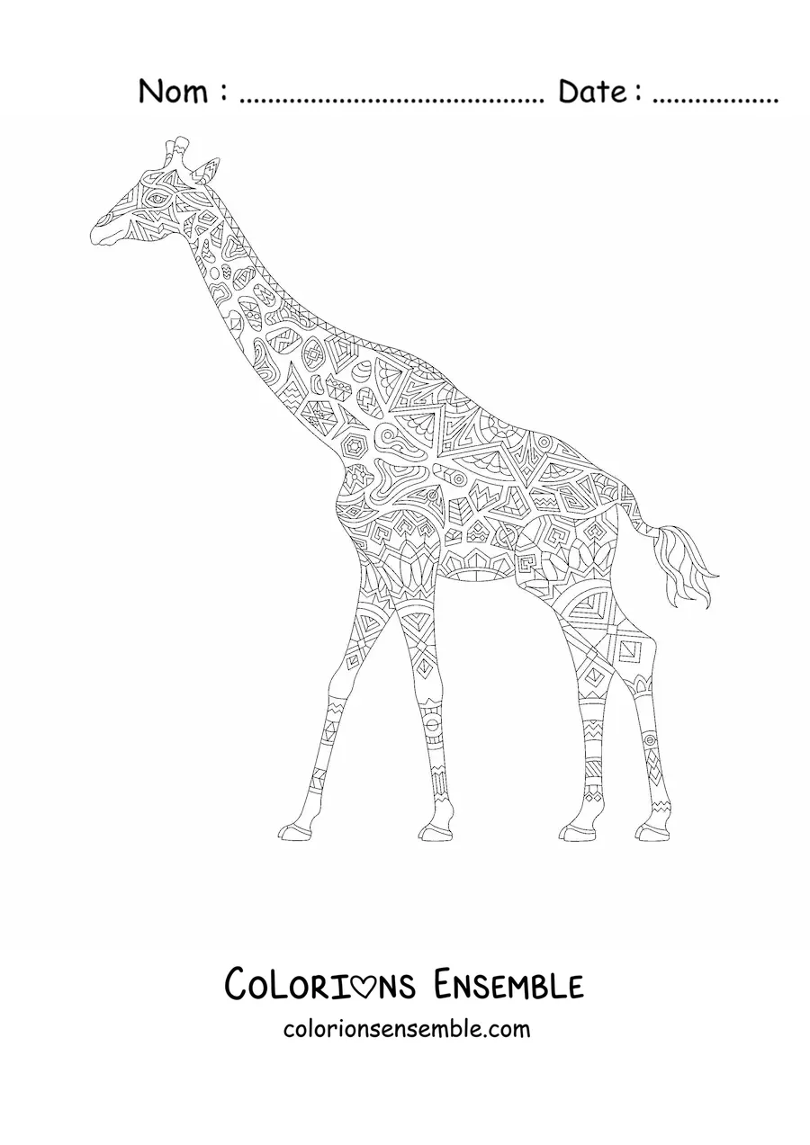 Coloriage d'un mandala en forme de girafe qui étire le cou