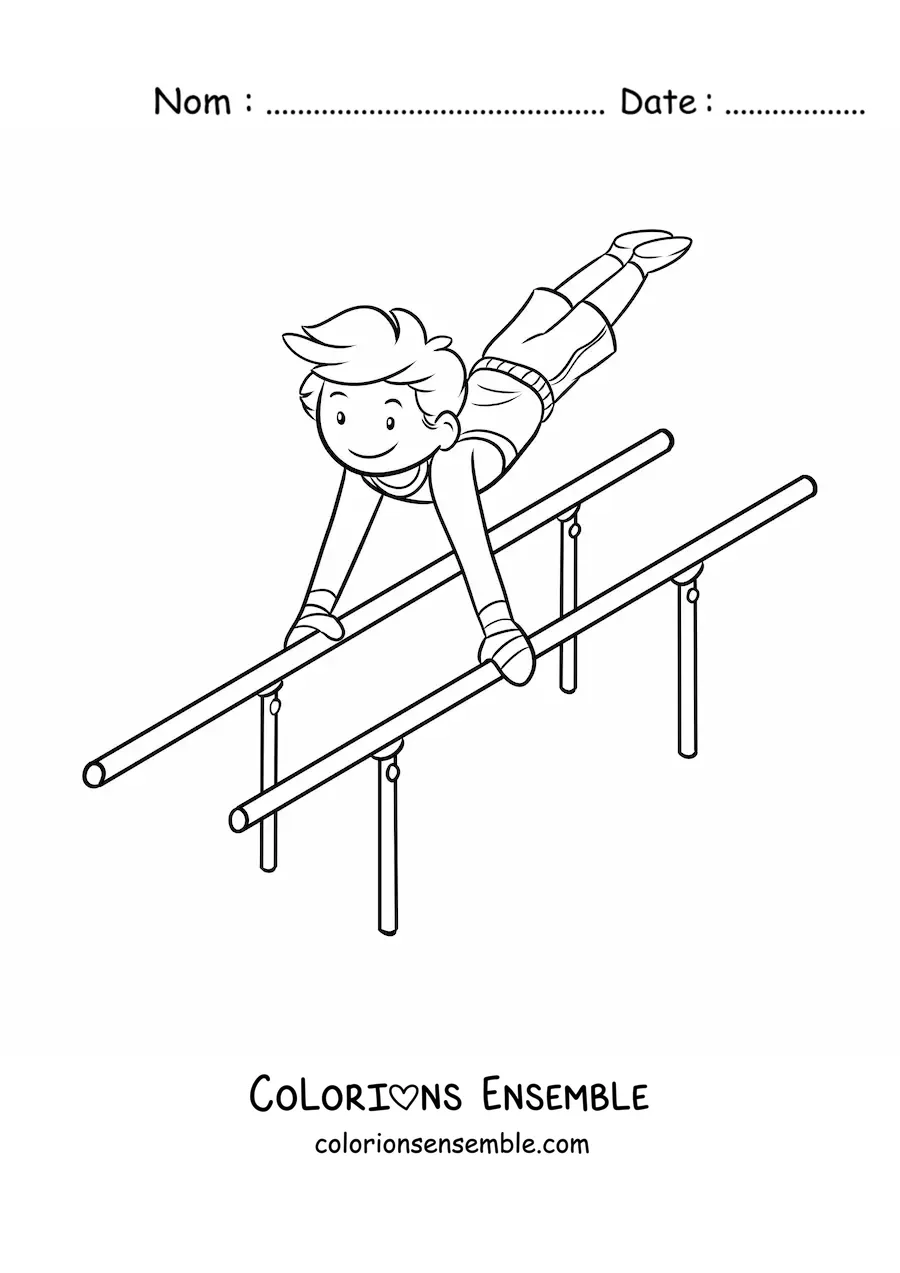 Image à colorier d'un garçon gymnaste aux barres parallèles