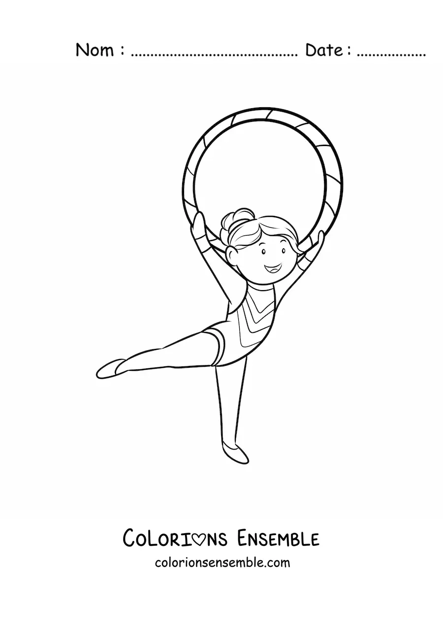 Image à colorier d'une fille pratiquant la gymnastique rythmique avec un cerceau