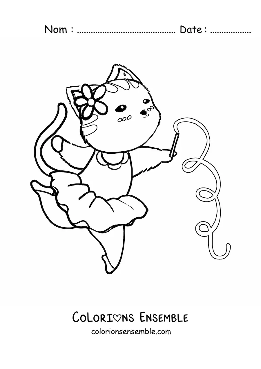 Image à colorier d'un chat animé faisant de la gymnastique rythmique