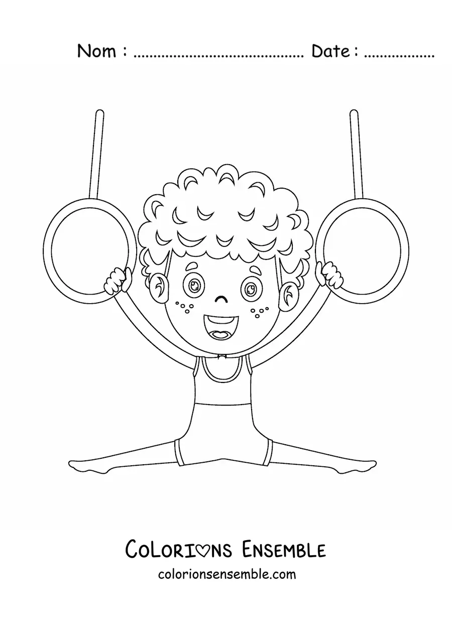 Image à colorier d'un garçon kawaii faisant de la gymnastique aux anneaux