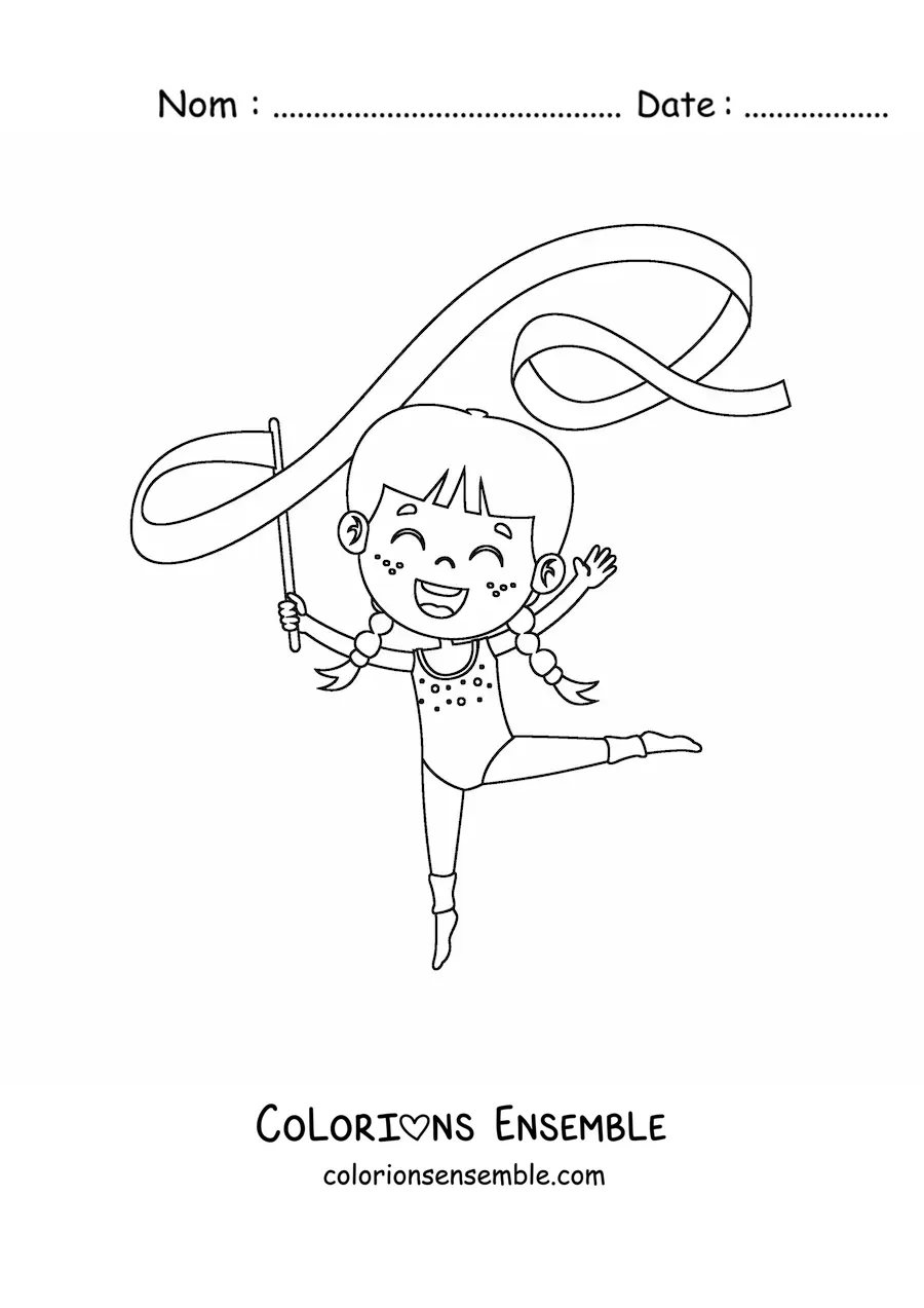 Image à colorier d'une fille kawaii faisant de la gymnastique rythmique