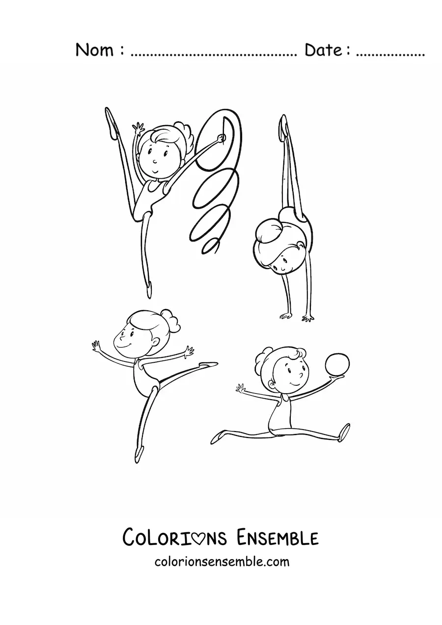 Image à colorier de plusieurs filles pratiquant la gymnastique artistique