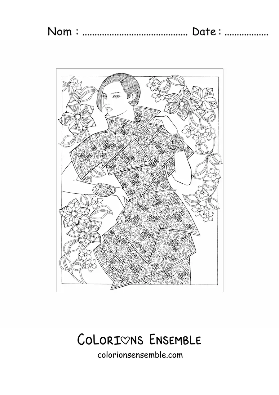 Image à colorier d'une femme portant une robe à la mode