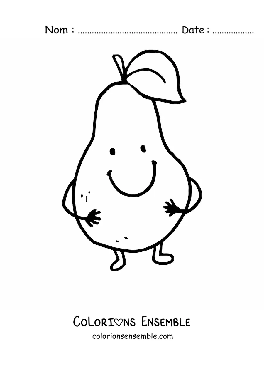 Coloriage d'une poire de dessin animé avec des mains et des pieds, toute souriante