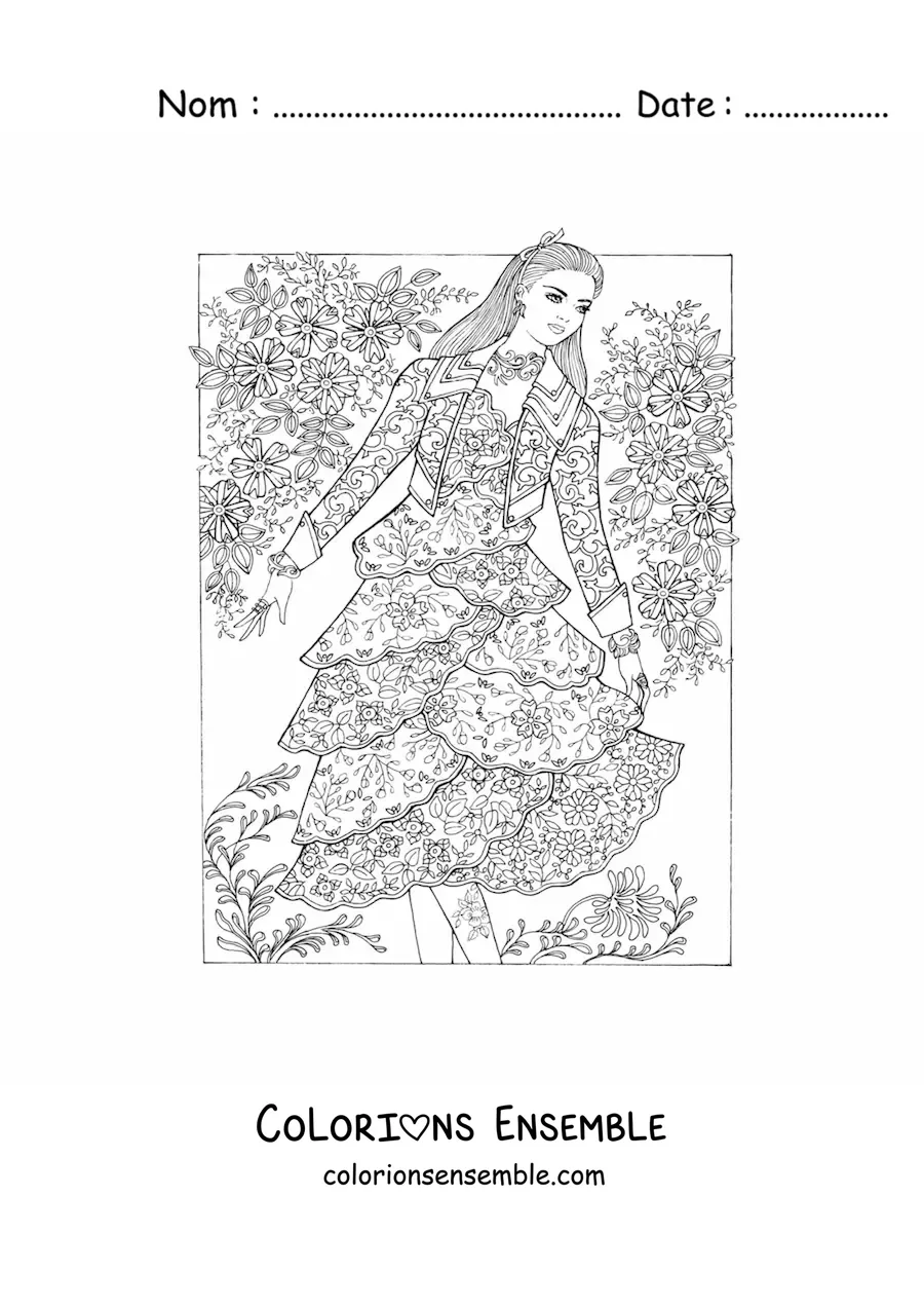 Image à colorier d'un mannequin portant une robe à mandala