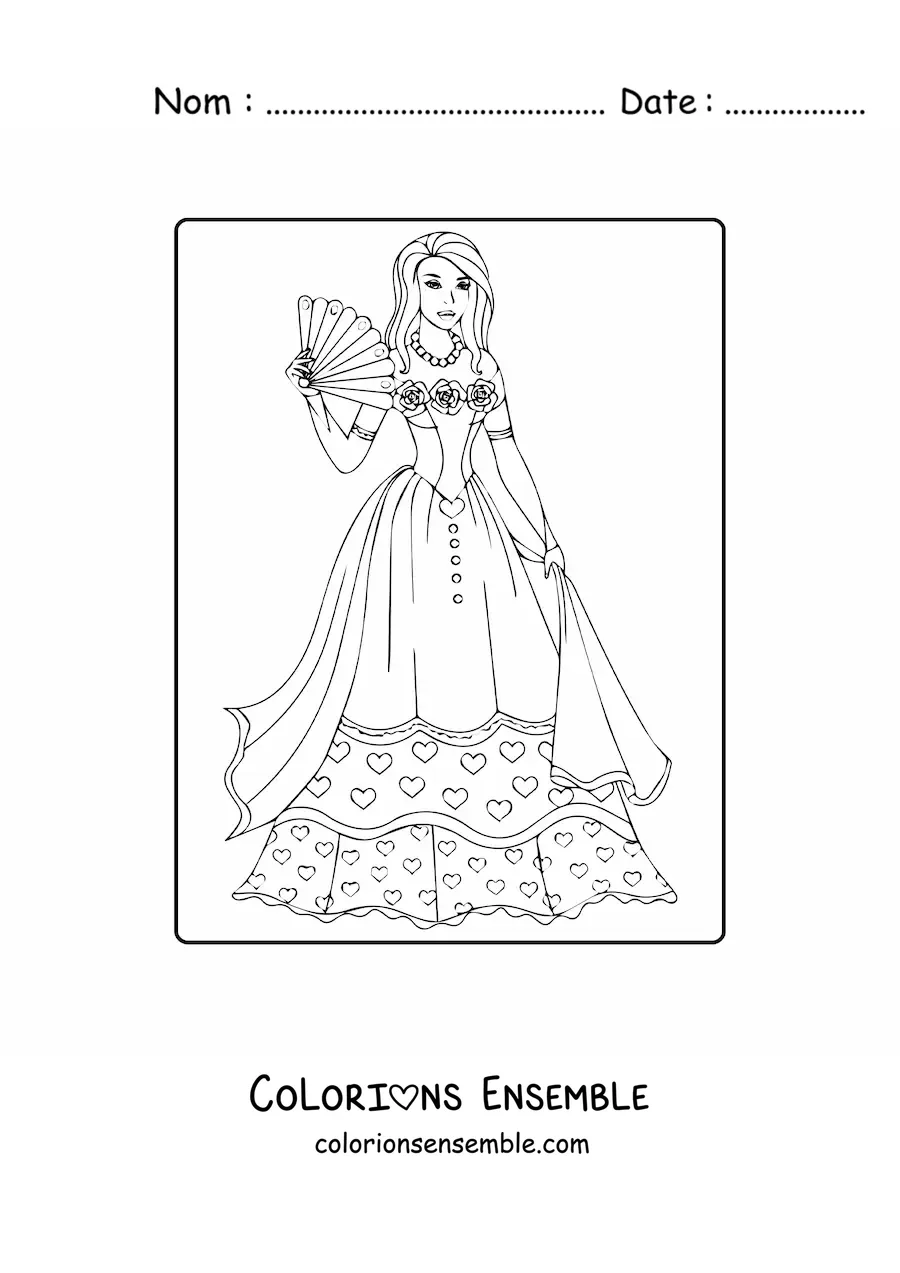 Image à colorier d'une princesse avec une robe et un éventail
