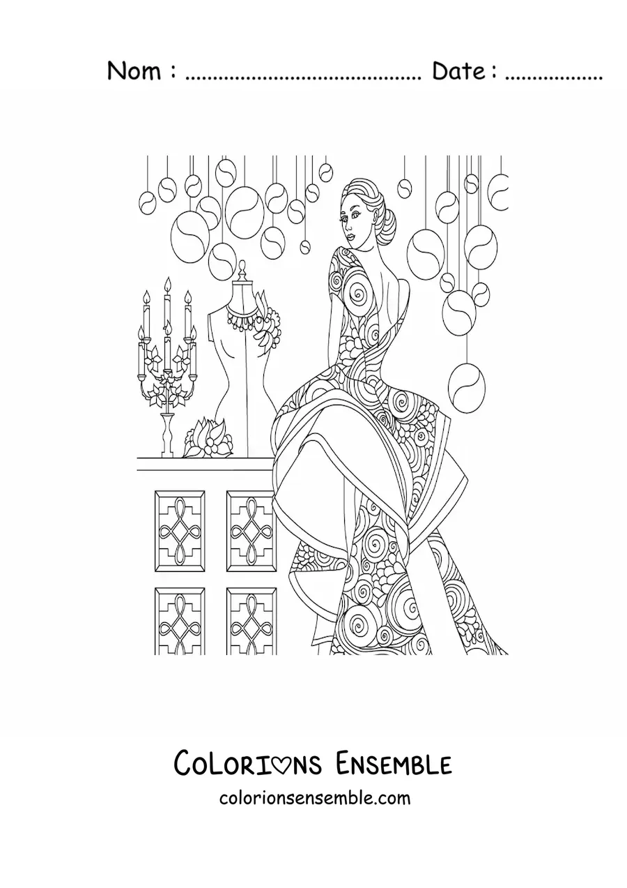 Image à colorier d'une femme portant une robe de gala