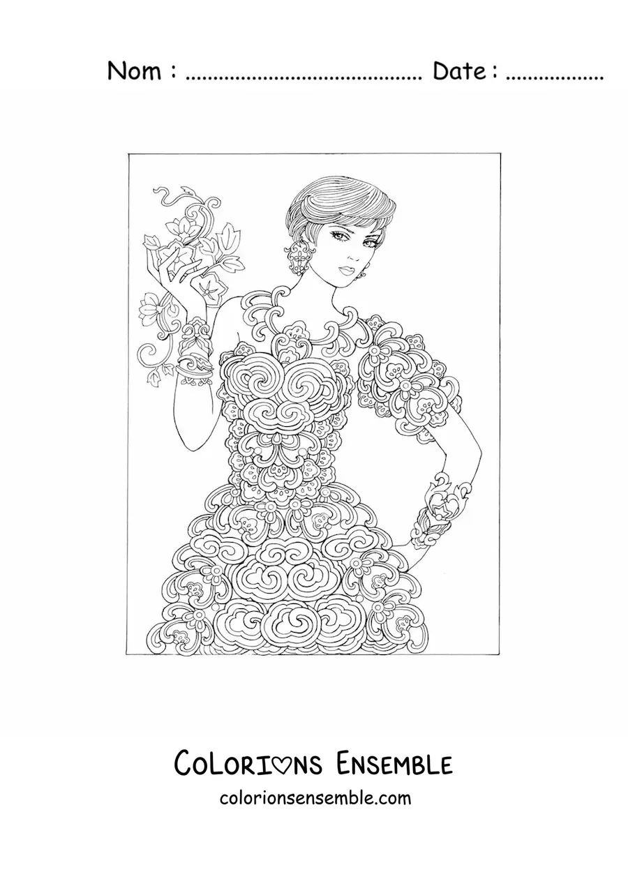 Image à colorier d'un mannequin portant une robe à fleurs