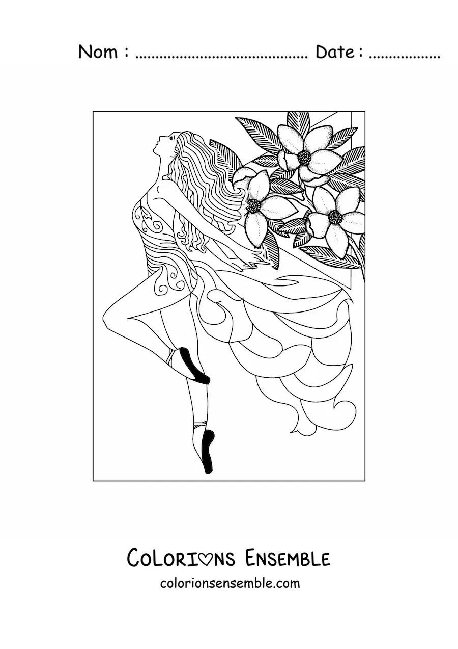 Image à colorier d'un mannequin portant une robe avec des fleurs