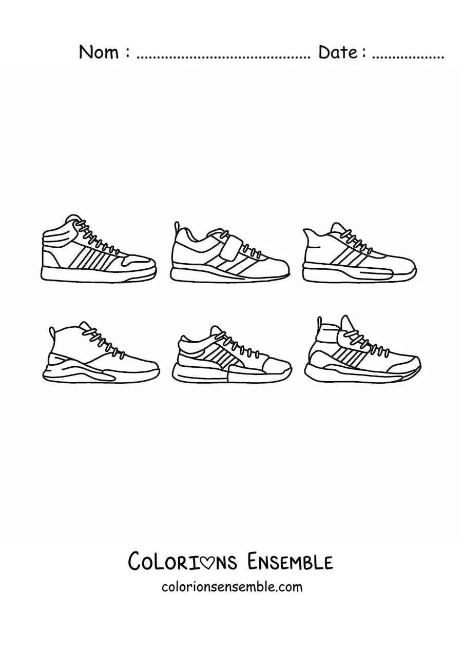 Image à colorier de plusieurs chaussures de sport