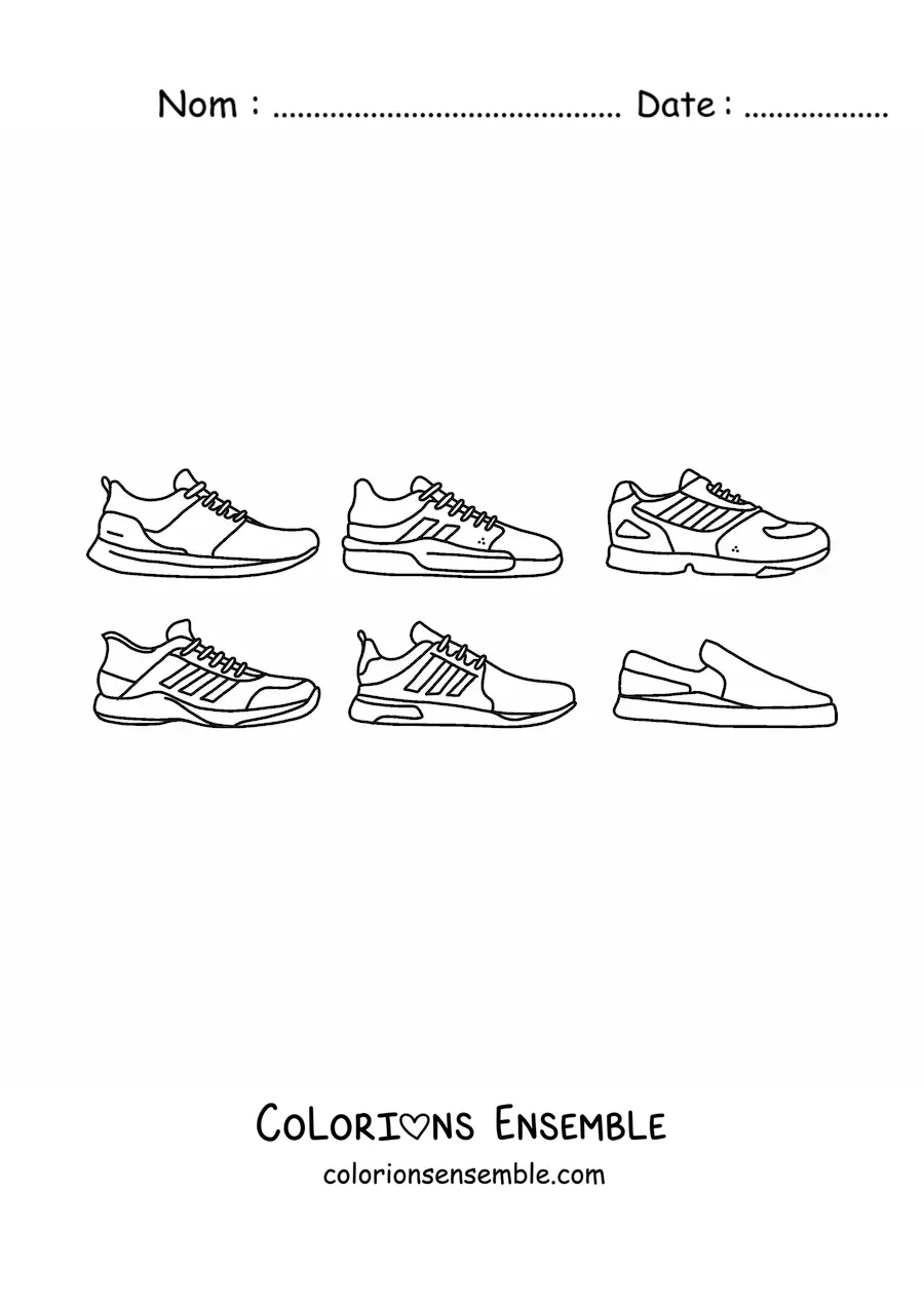 Image à colorier de six chaussures de sport variées