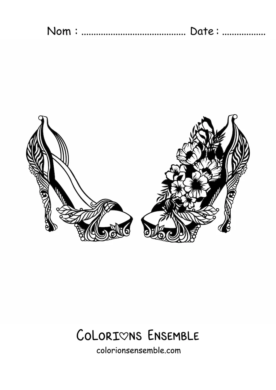 Image à colorier d'une paire de talons décorés de fleurs