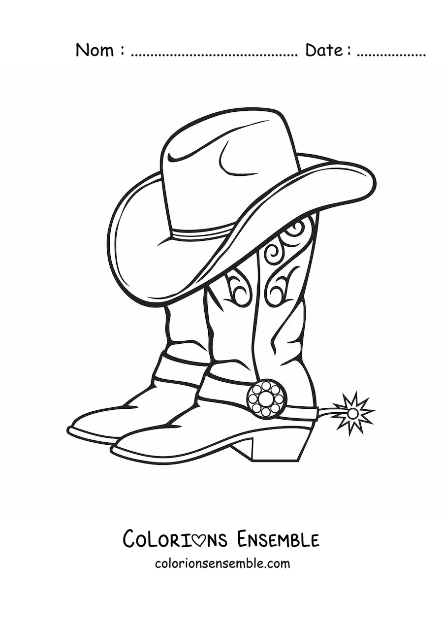 Image à colorier d'une paire de bottes et d'un chapeau de cow-boy