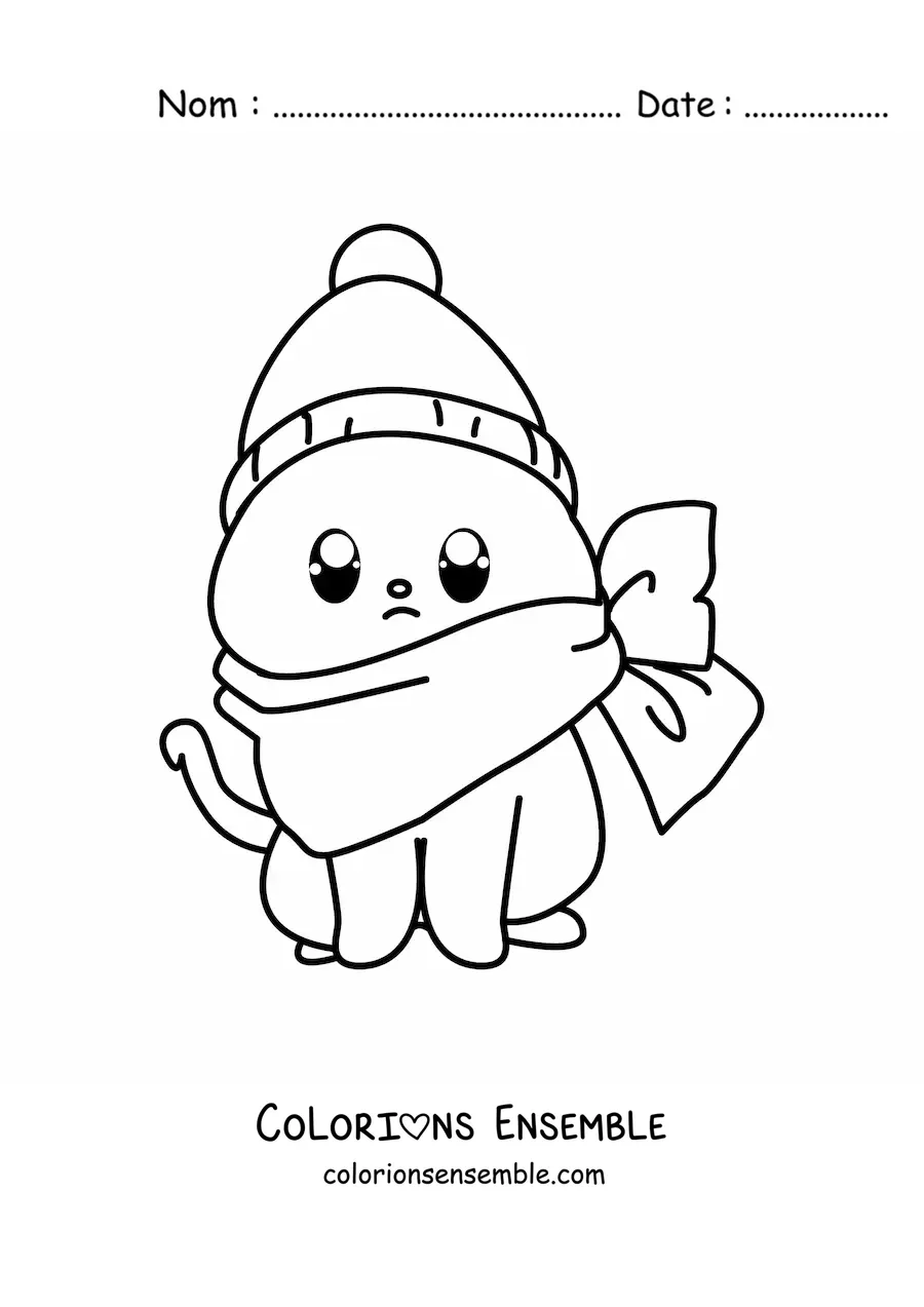 Image à colorier d'un chat kawaii coiffé d'un bonnet d'hiver