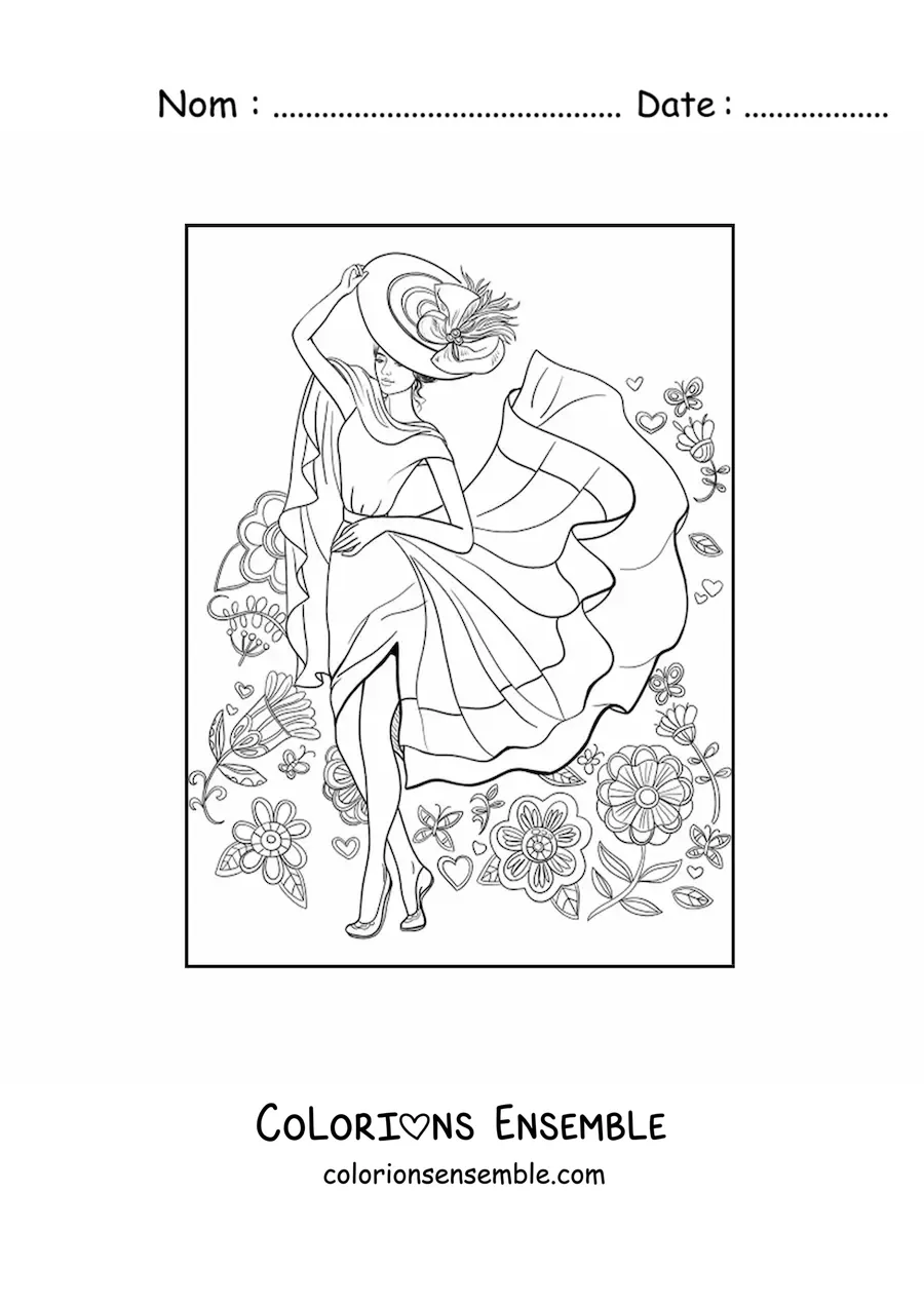 Image à colorier d'une dame coiffée d'un chapeau élégant