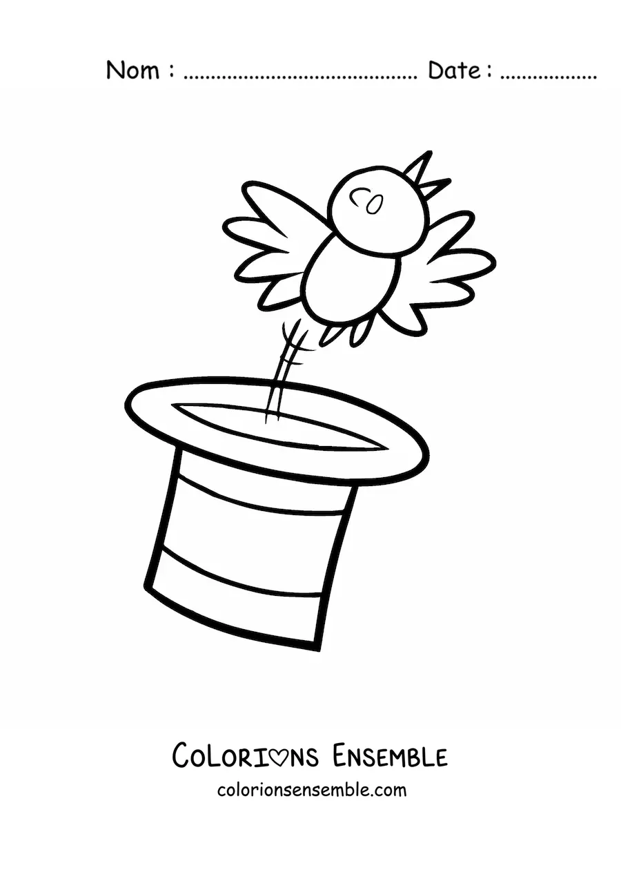 Image à colorier d'un oiseau qui s'envole en sortant du chapeau d'un magicien