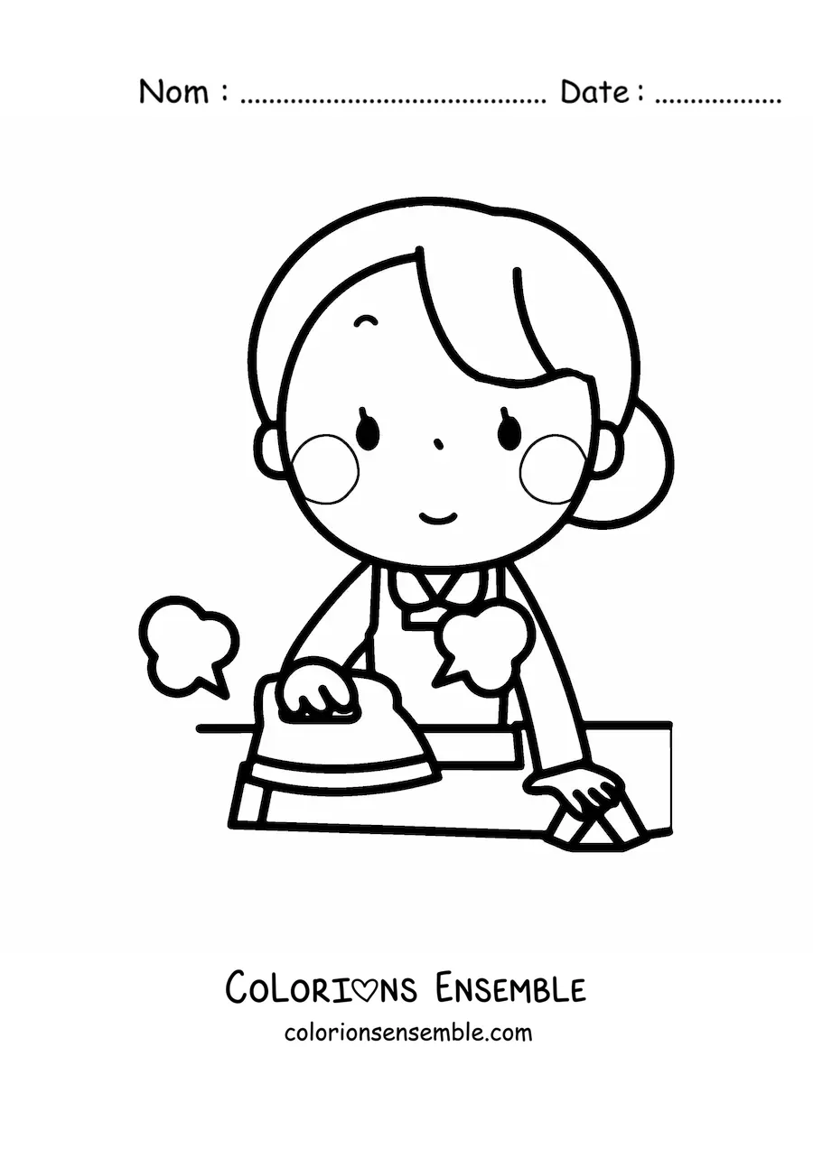 Image à colorier d'une femme en train de repasser une chemise