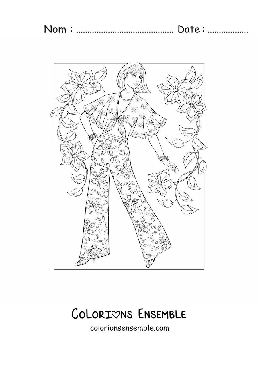 Image à colorier d'une fille portant un joli pantalon