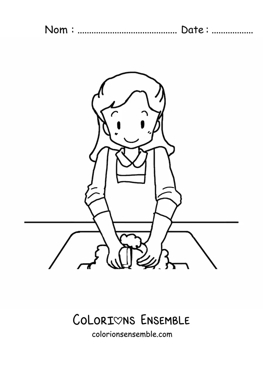 Image à colorier d'une femme qui fait la vaisselle avec des gants de ménage