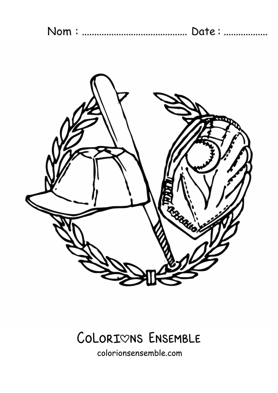 Image à colorier d'un gant, d'une batte et d'une casquette de baseball