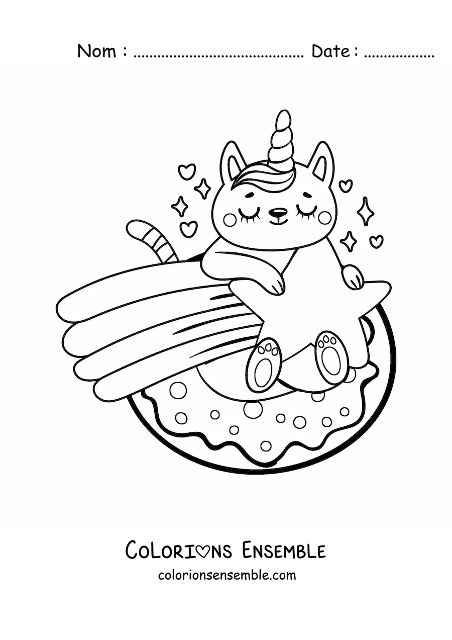 Image à colorier d'un chat licorne perché sur une étoile filante
