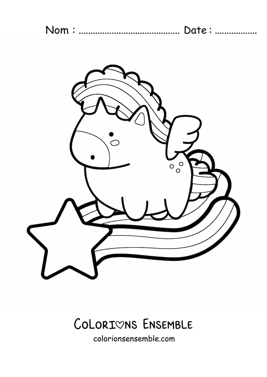 Image à colorier d'un Pégase kawaii volant sur une étoile filante