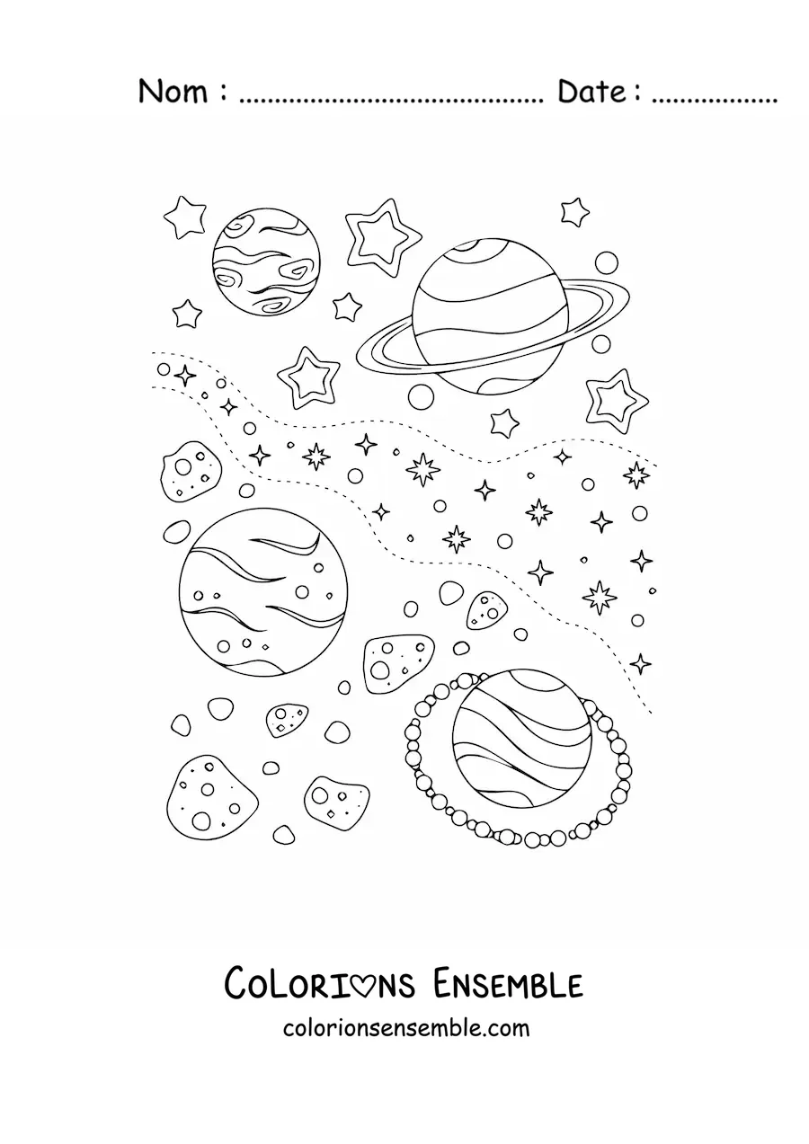 Image à colorier de plusieurs étoiles et planètes
