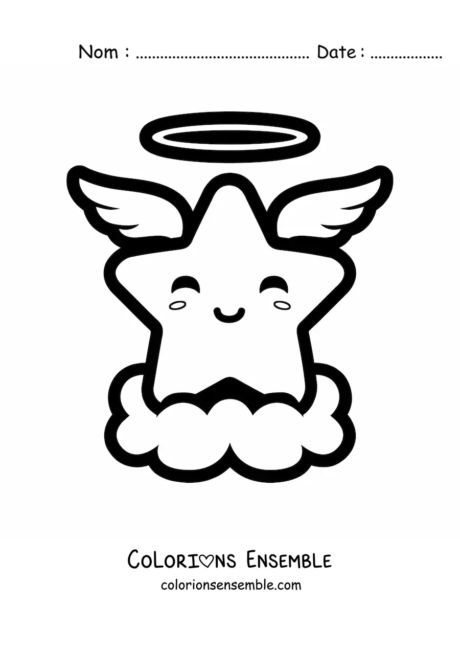 Image à colorier d'une étoile avec des ailes d'ange kawaii