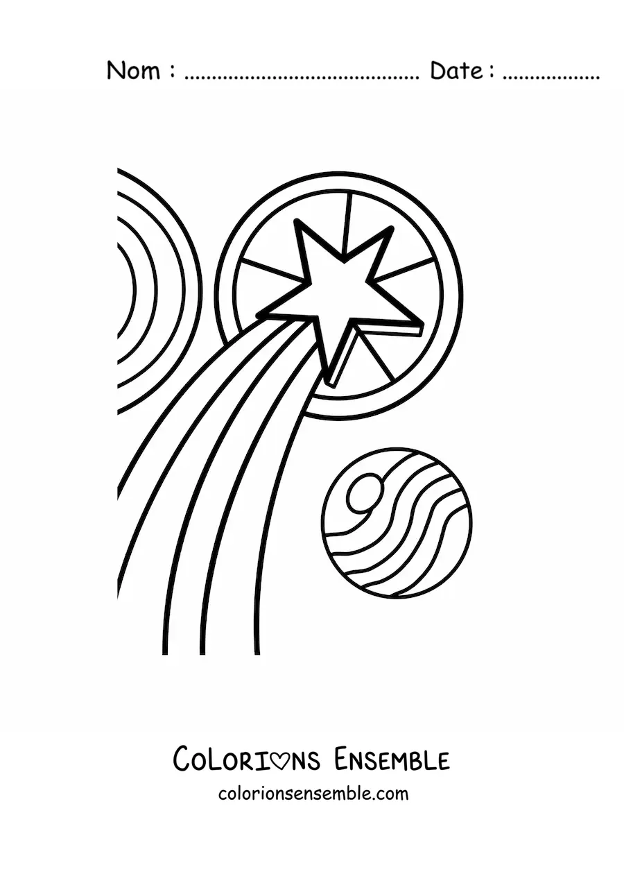 Image à colorier d'une étoile avec des guirlandes et un bonnet de Noël