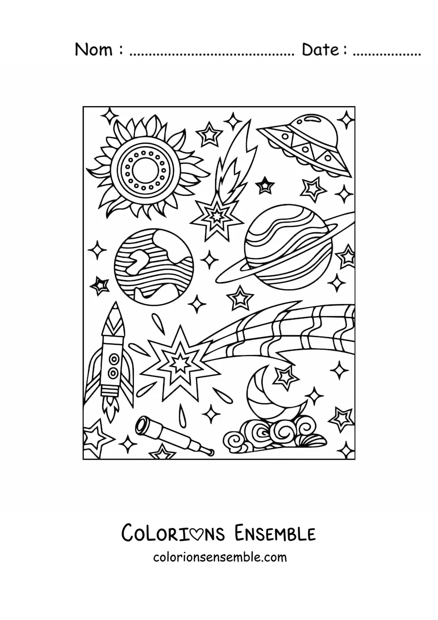 Image à colorier de plusieurs planètes et étoiles