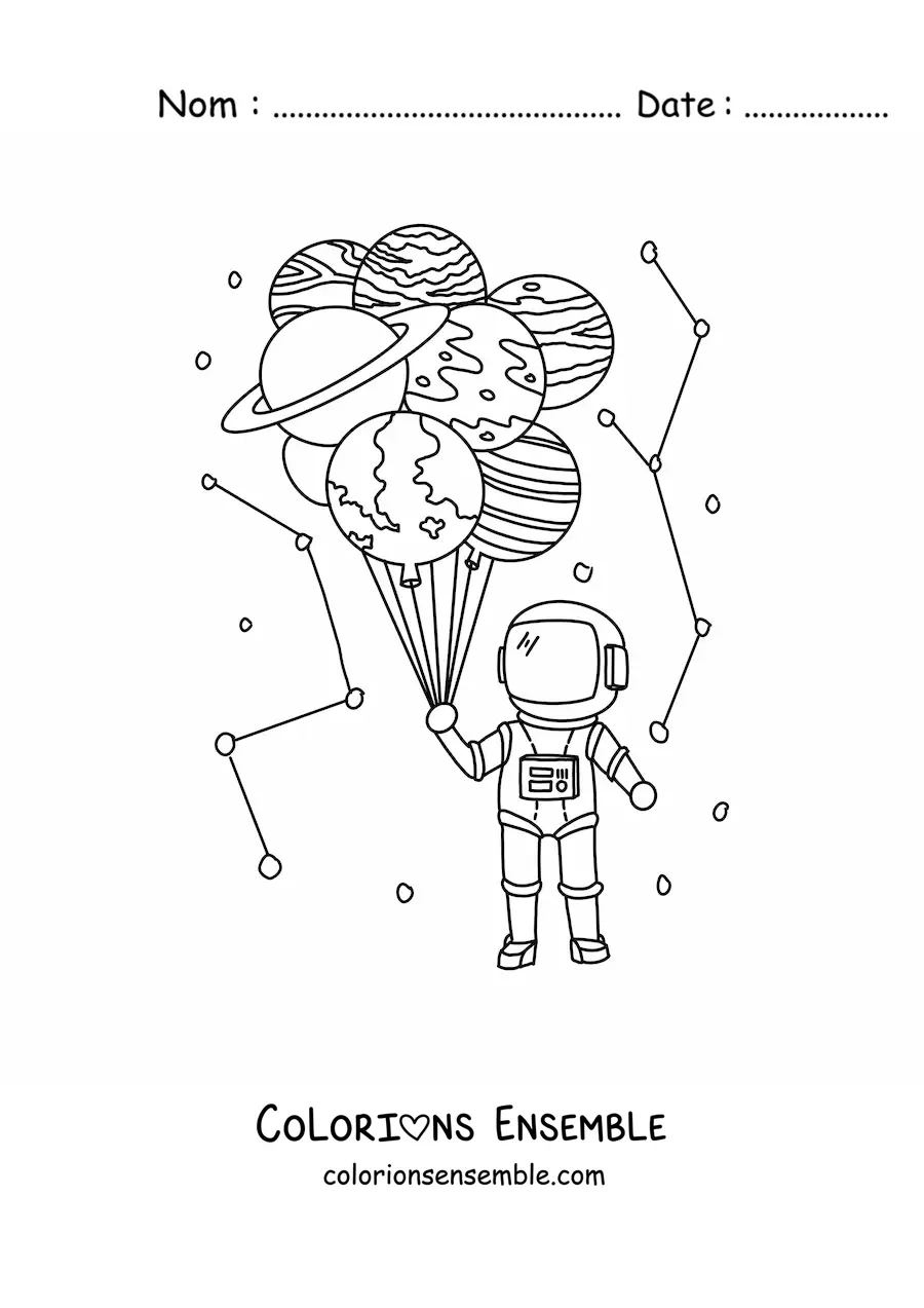 Image à colorier d'un astronaute tenant des ballons en forme de planètes