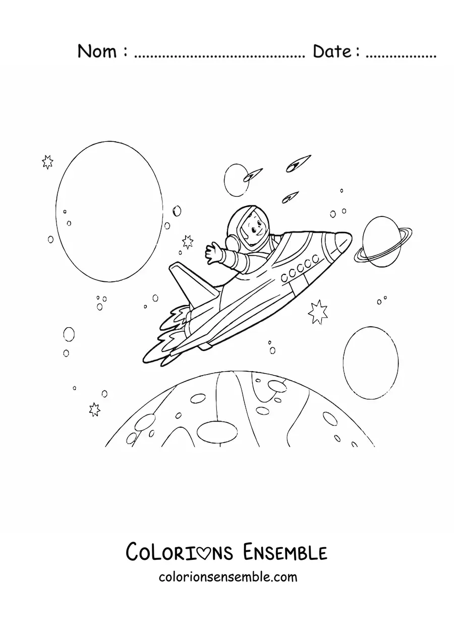 Image à colorier d'une fusée volant entre les planètes