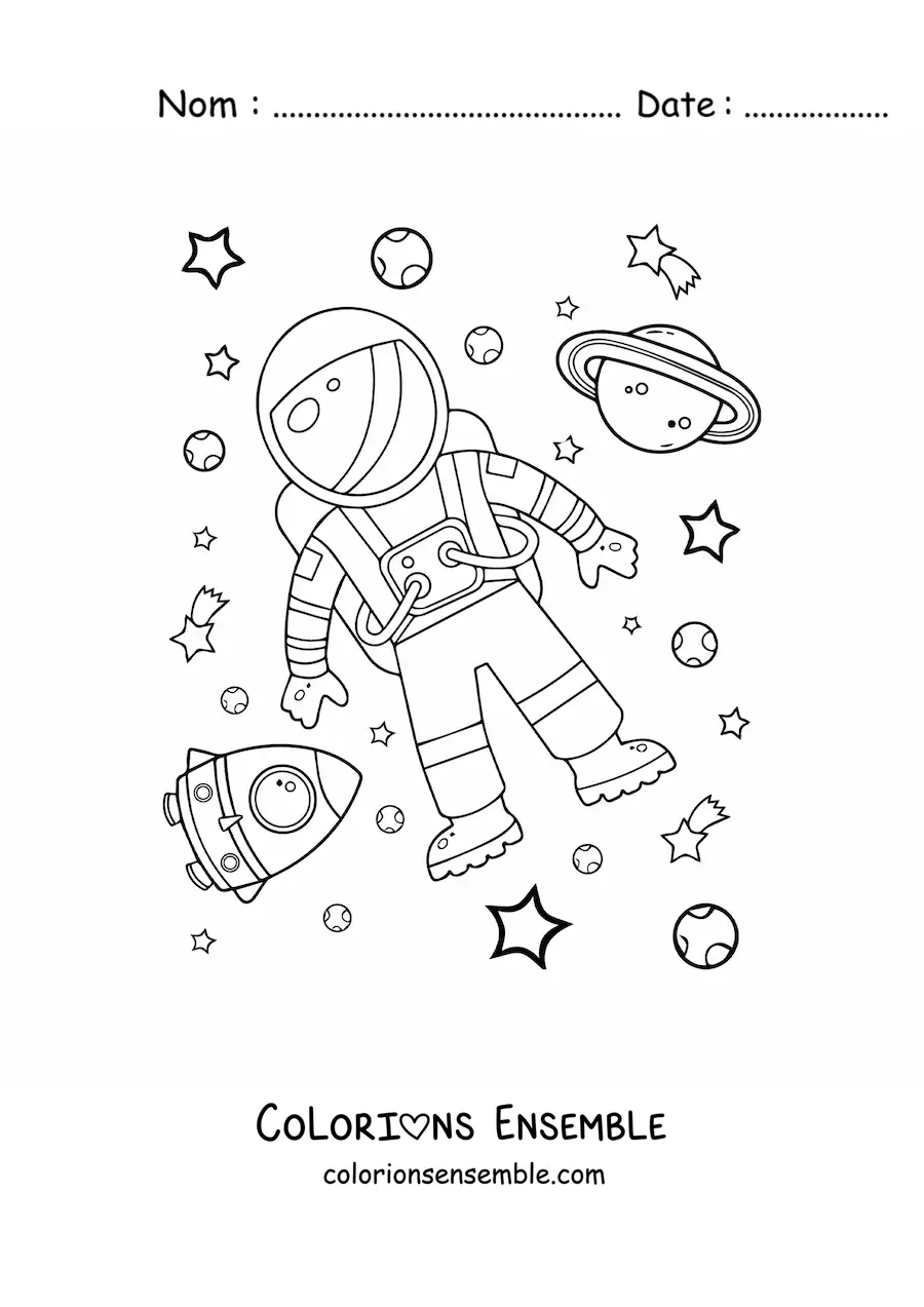 Image à colorier d'un astronaute dans l'espace avec des planètes et des étoiles