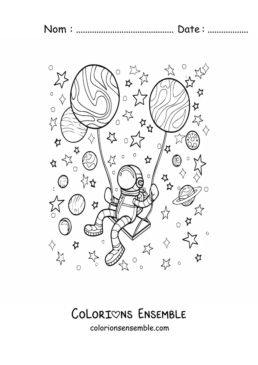 Image à colorier d'un astronaute flottant dans l'espace avec des ballons en forme de planètes