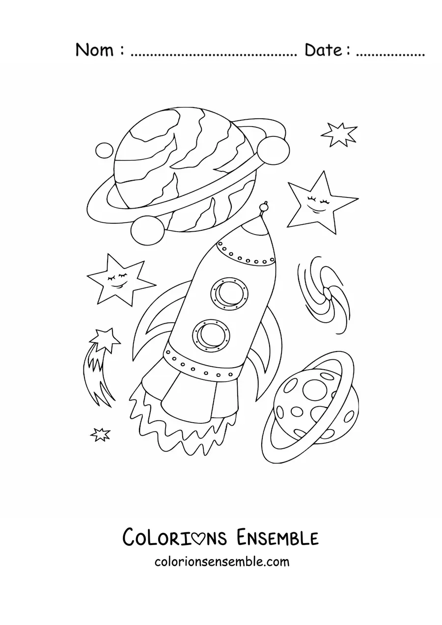 Image à colorier d'une fusée et de plusieurs planètes