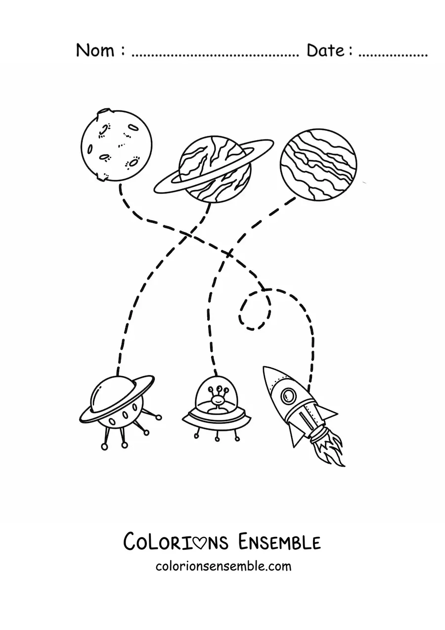 Image à colorier de trois planètes et de trois vaisseaux spatiaux