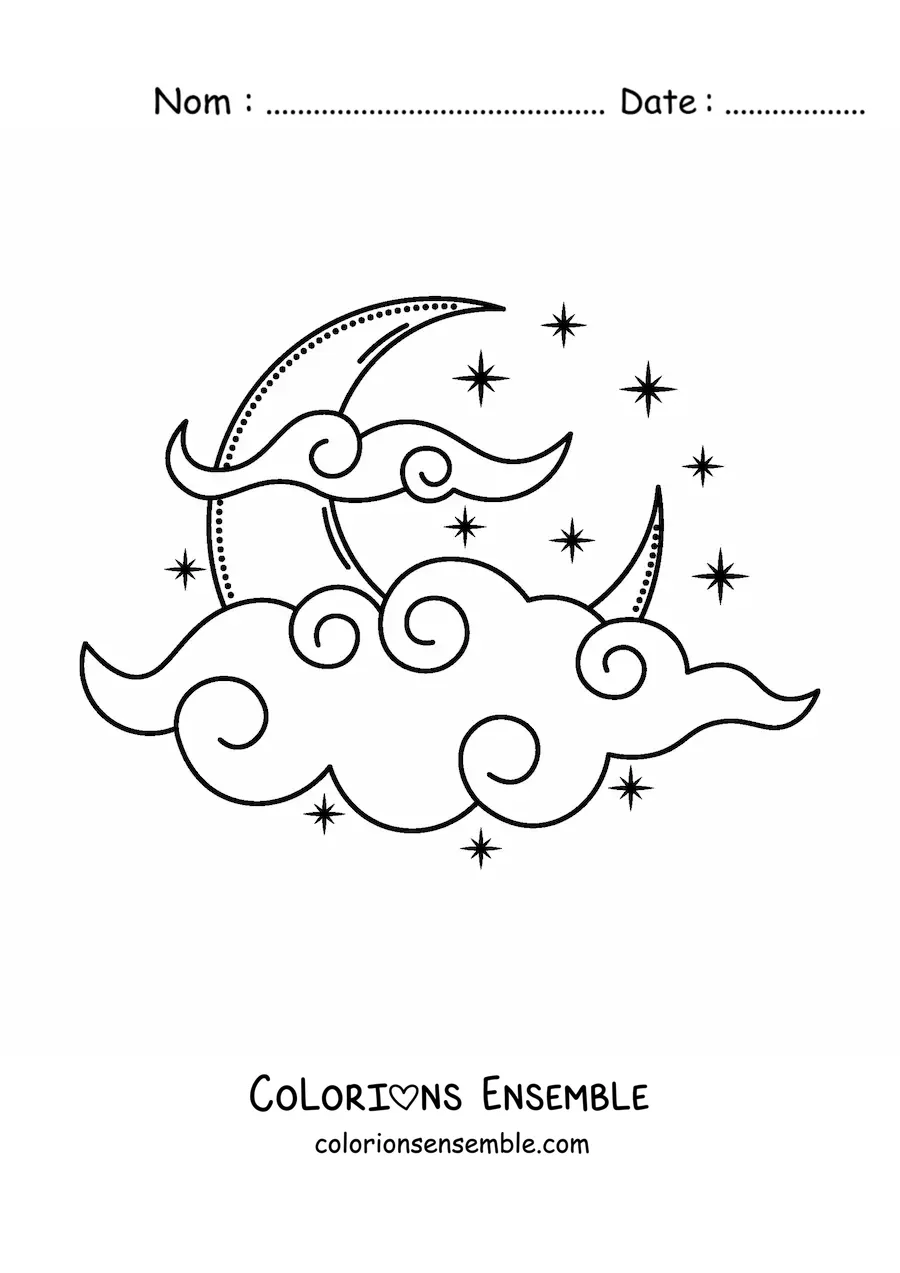 Image à colorier de la Lune entourée de nuages
