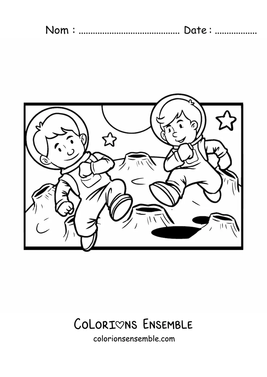 Image à colorier de deux astronautes sur la Lune