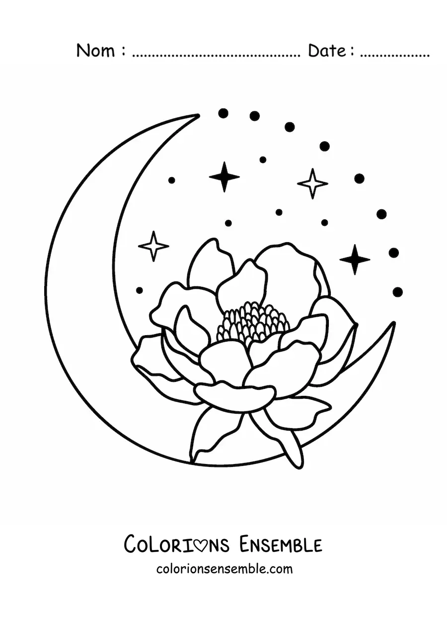 Image à colorier d'une jolie Lune avec une fleur